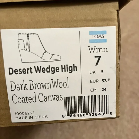 TOMS Desert Wedge High Dark Brown Wool Coated Canvas Booties Sz7 - Picture 5 of 5